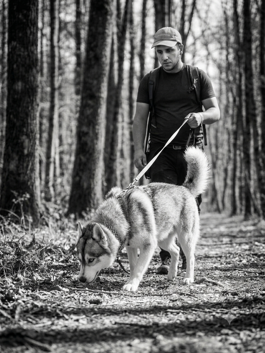 Activité de mantrailing et recherche de personne disparue à Nîmes : Kévin guide son chien Husky à la trace en forêt dans le Gard